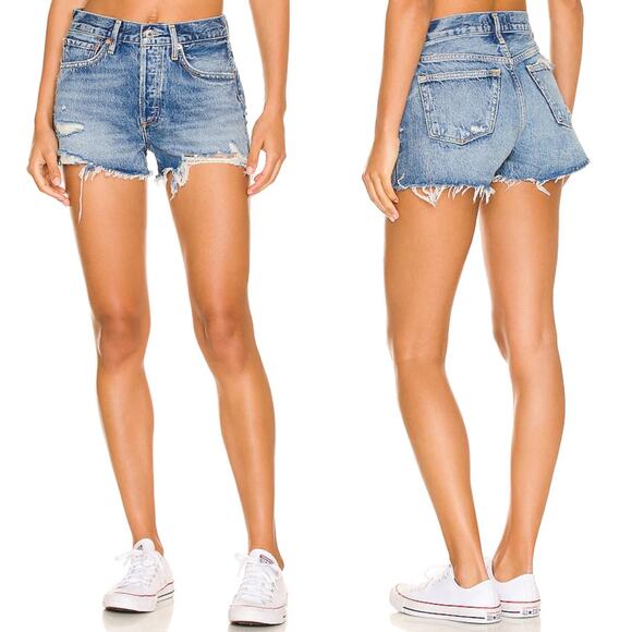 AGOLDE Parker Cutoff Distressed Denim Shorts Women’s Size 23 Clutch Medium Wash - Picture 1 of 5